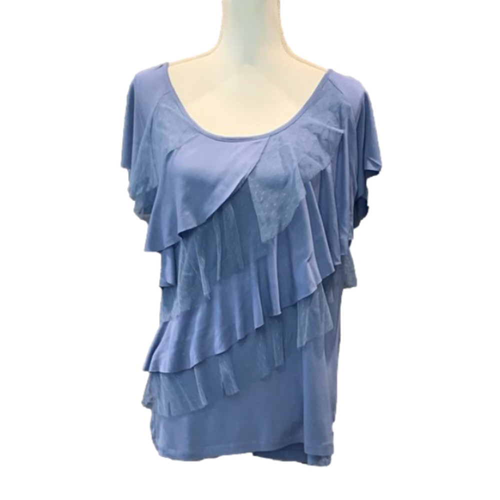 AB Studio Large Blue Ruffle Front Short Sleeve Top